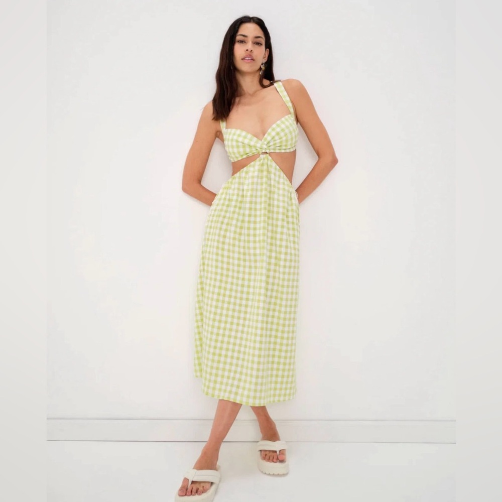 For Love & Lemons Green Maureen Gingham Cutout Midi Dress